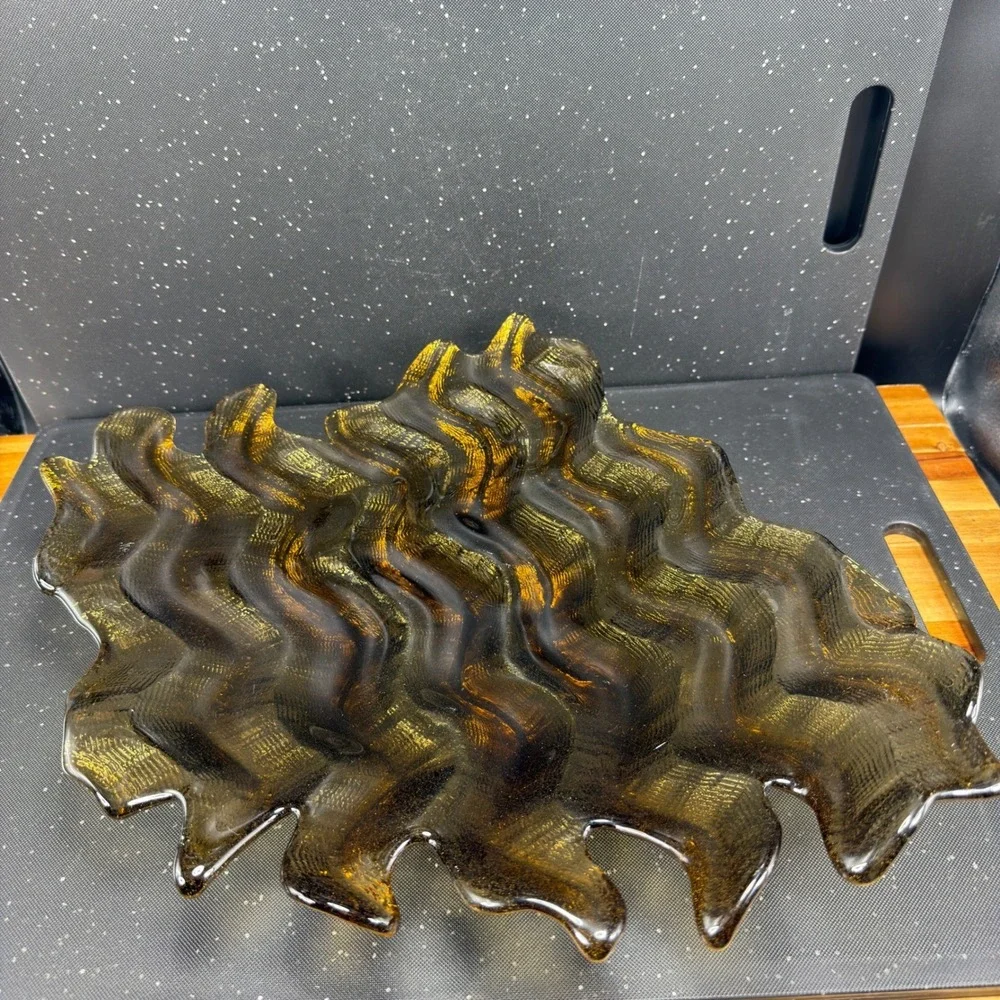 Hudson‎ Beach Amber Gold Textured Wavy Art Glass Centerpiece Bowl 13in Blown
